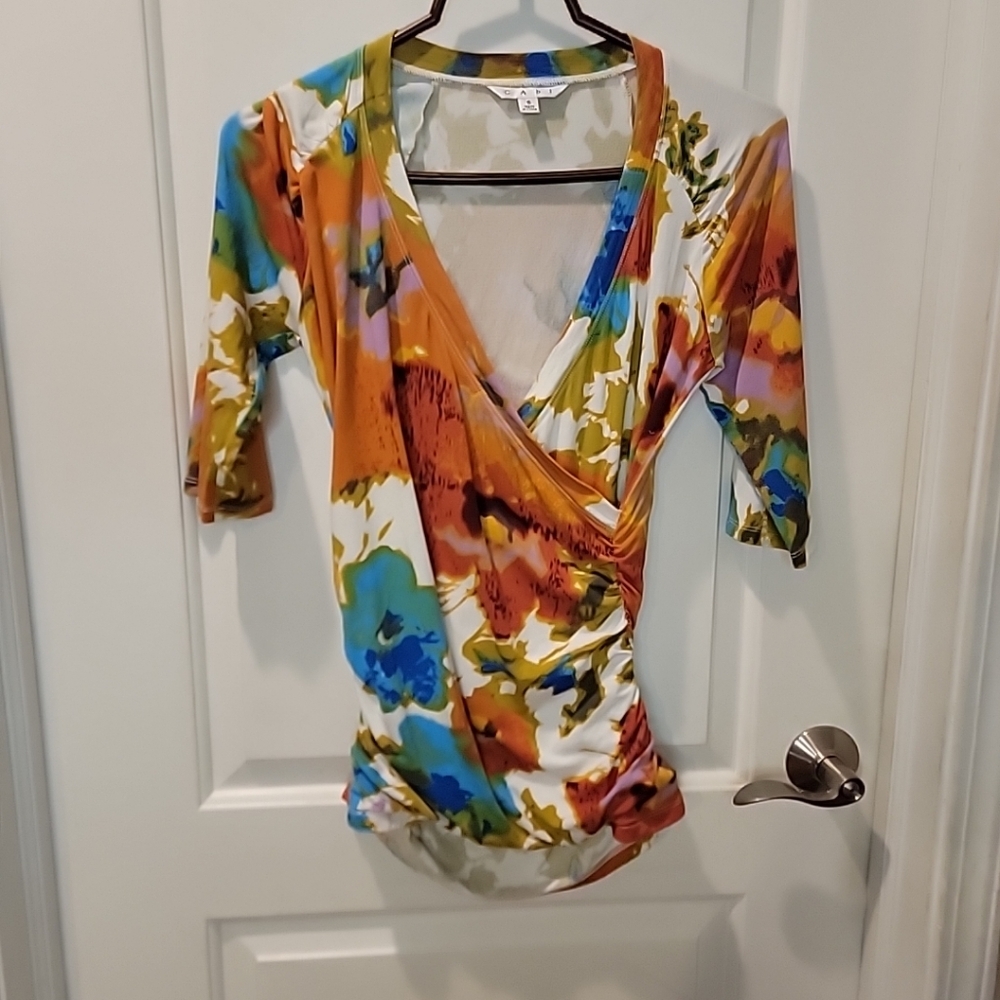 CAbi Womens Crossover Surplice Watercolor Floral Rouched Top Size S